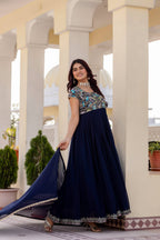 Aavisha Faux Georgette Heavy Embroidered Gown with Four-Metre Flair and Lace Border Dupatta