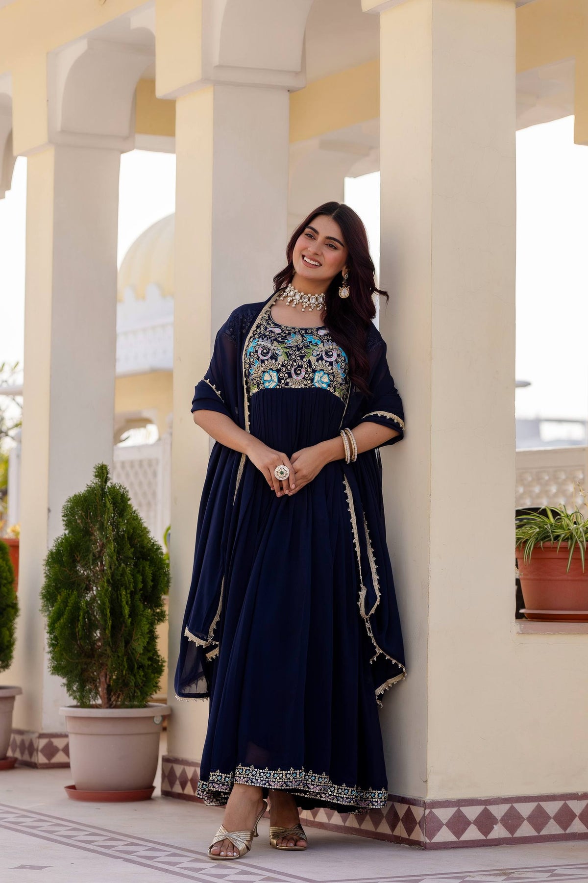 Aavisha Faux Georgette Heavy Embroidered Gown with Four-Metre Flair and Lace Border Dupatta