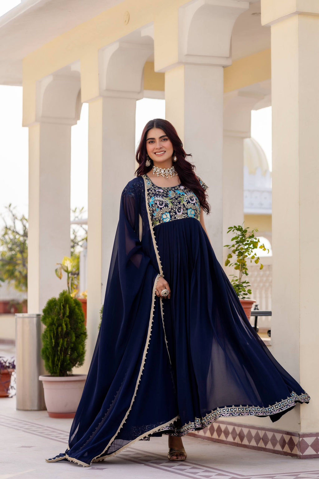 Aavisha Faux Georgette Heavy Embroidered Gown with Four-Metre Flair and Lace Border Dupatta