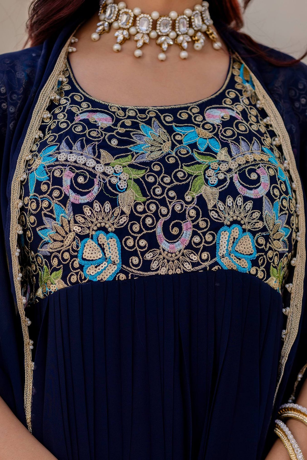 Aavisha Faux Georgette Heavy Embroidered Gown with Four-Metre Flair and Lace Border Dupatta