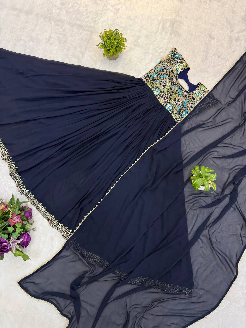 Aavisha Faux Georgette Heavy Embroidered Gown with Four-Metre Flair and Lace Border Dupatta