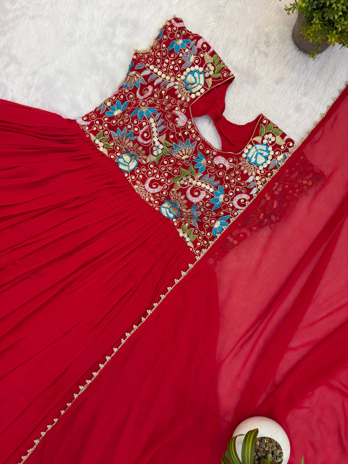Aavisha Faux Georgette Heavy Embroidered Gown with Four-Metre Flair and Lace Border Dupatta