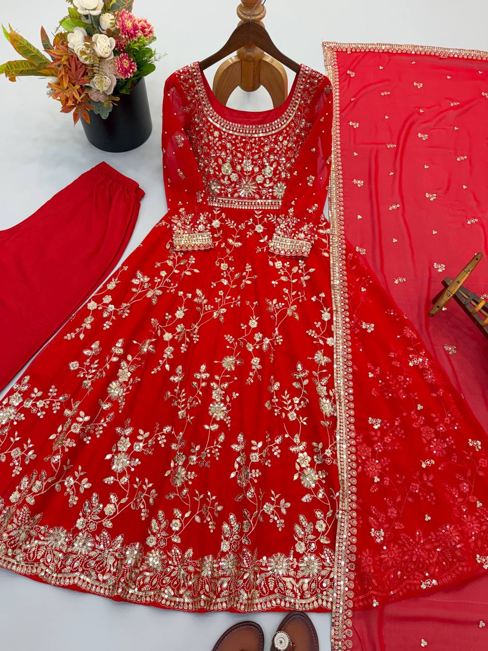 Aadhira Heavy Georgette Sequins & Moti Embroidered Anarkali with Pant & Dupatta