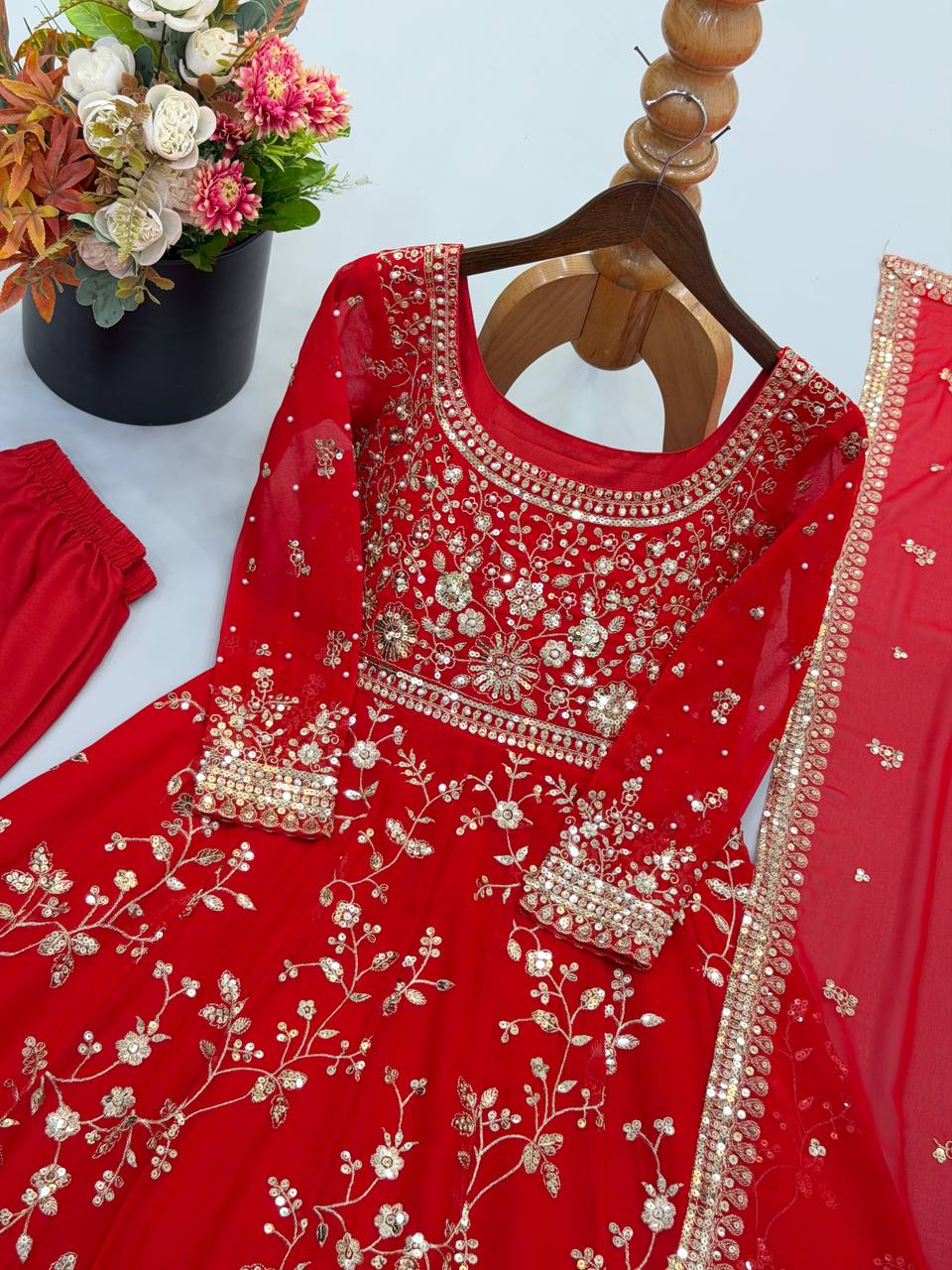 Aadhira Heavy Georgette Sequins & Moti Embroidered Anarkali with Pant & Dupatta