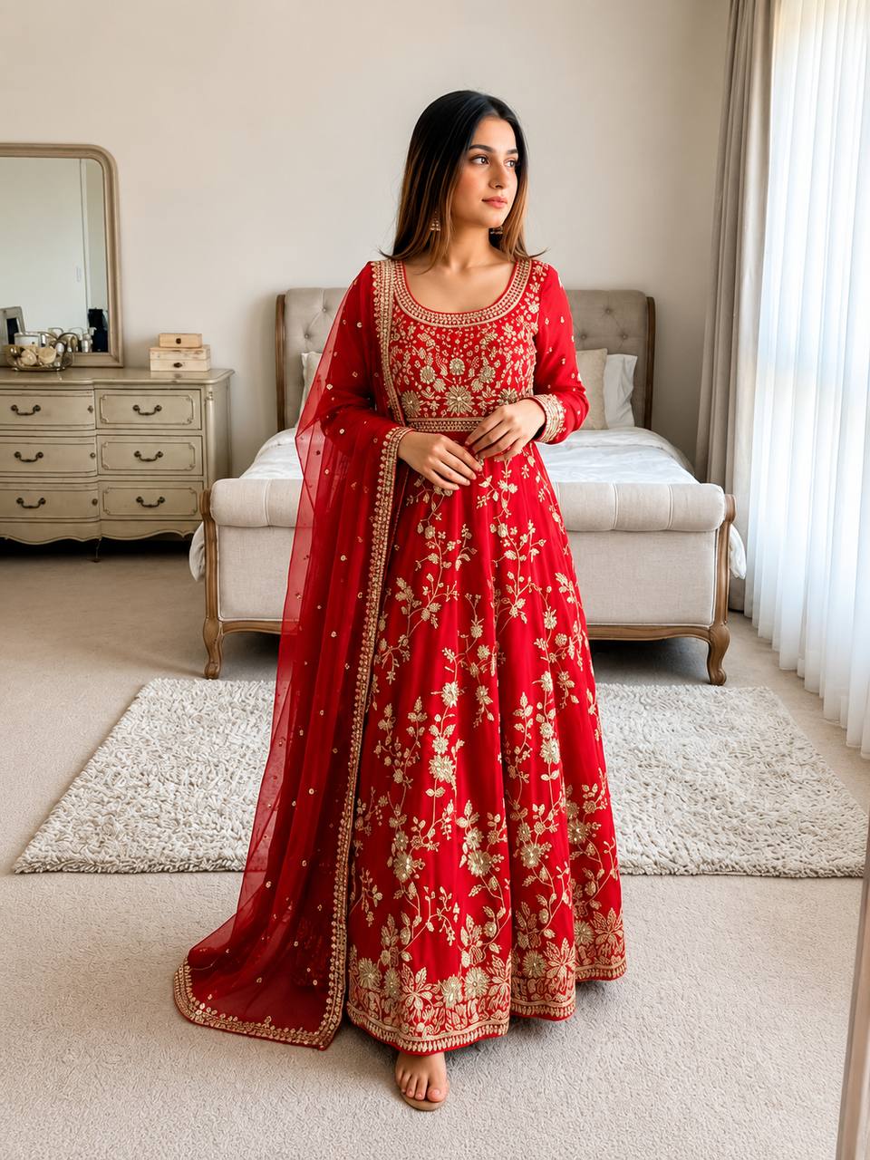 Aadhira Heavy Georgette Sequins & Moti Embroidered Anarkali with Pant & Dupatta
