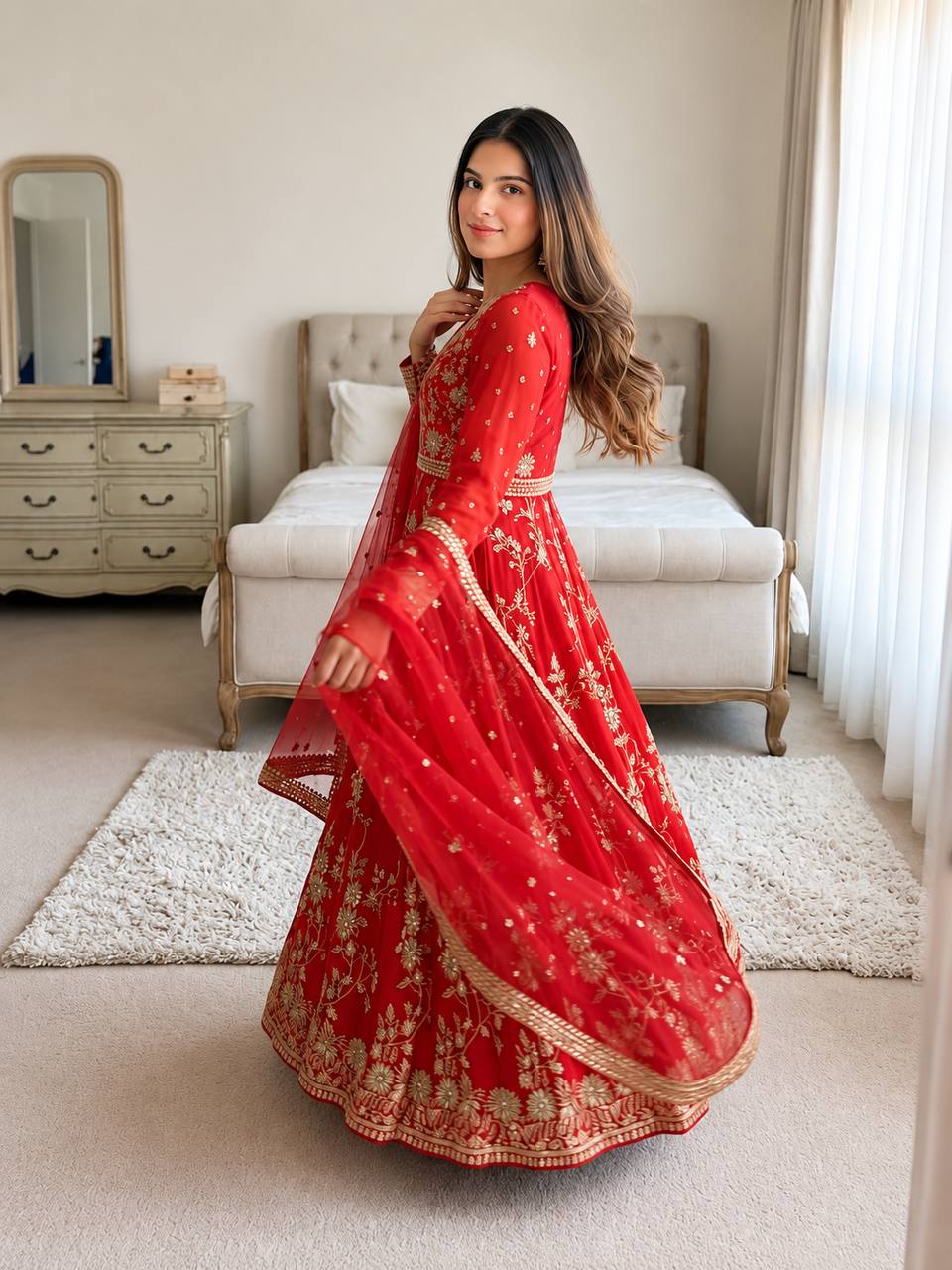 Aadhira Heavy Georgette Sequins & Moti Embroidered Anarkali with Pant & Dupatta