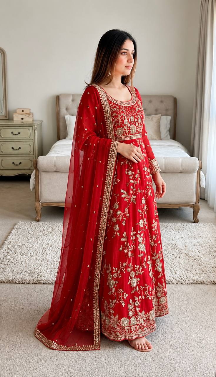 Aadhira Heavy Georgette Sequins & Moti Embroidered Anarkali with Pant & Dupatta