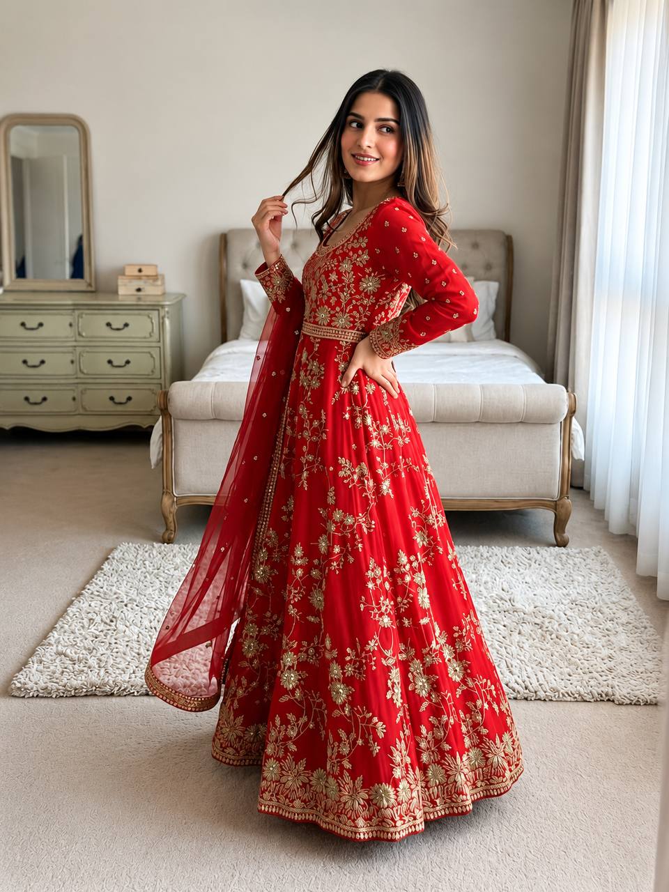 Aadhira Heavy Georgette Sequins & Moti Embroidered Anarkali with Pant & Dupatta