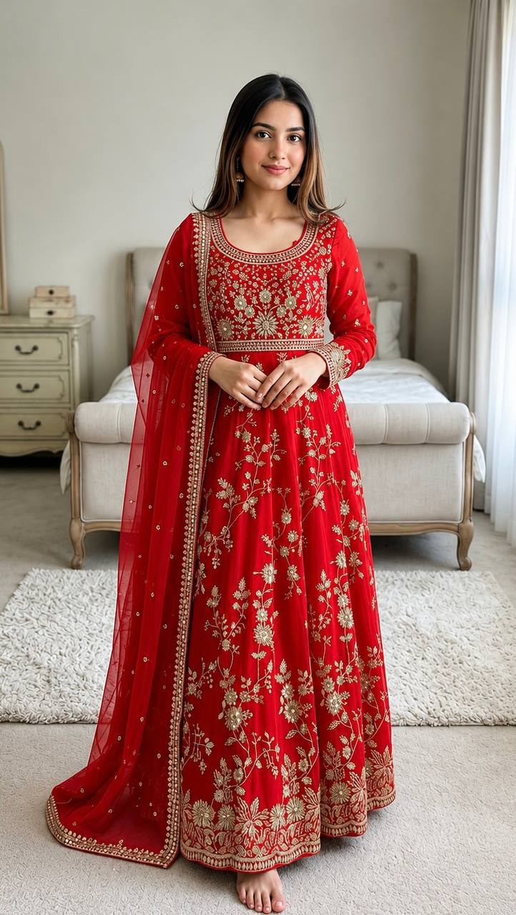 Aadhira Heavy Georgette Sequins & Moti Embroidered Anarkali with Pant & Dupatta
