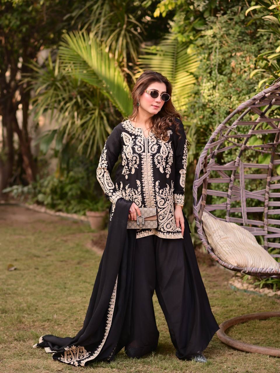 Trending Faux Georgette Plazzo Set for Women with Premium Cross Stitch Embroidery, Fully Stitched Kurta, Matching Dupatta & Elastic Waist Plazzo