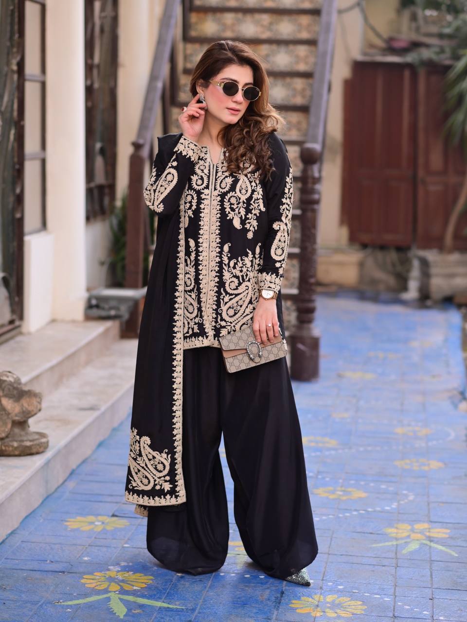 Trending Faux Georgette Plazzo Set for Women with Premium Cross Stitch Embroidery, Fully Stitched Kurta, Matching Dupatta & Elastic Waist Plazzo