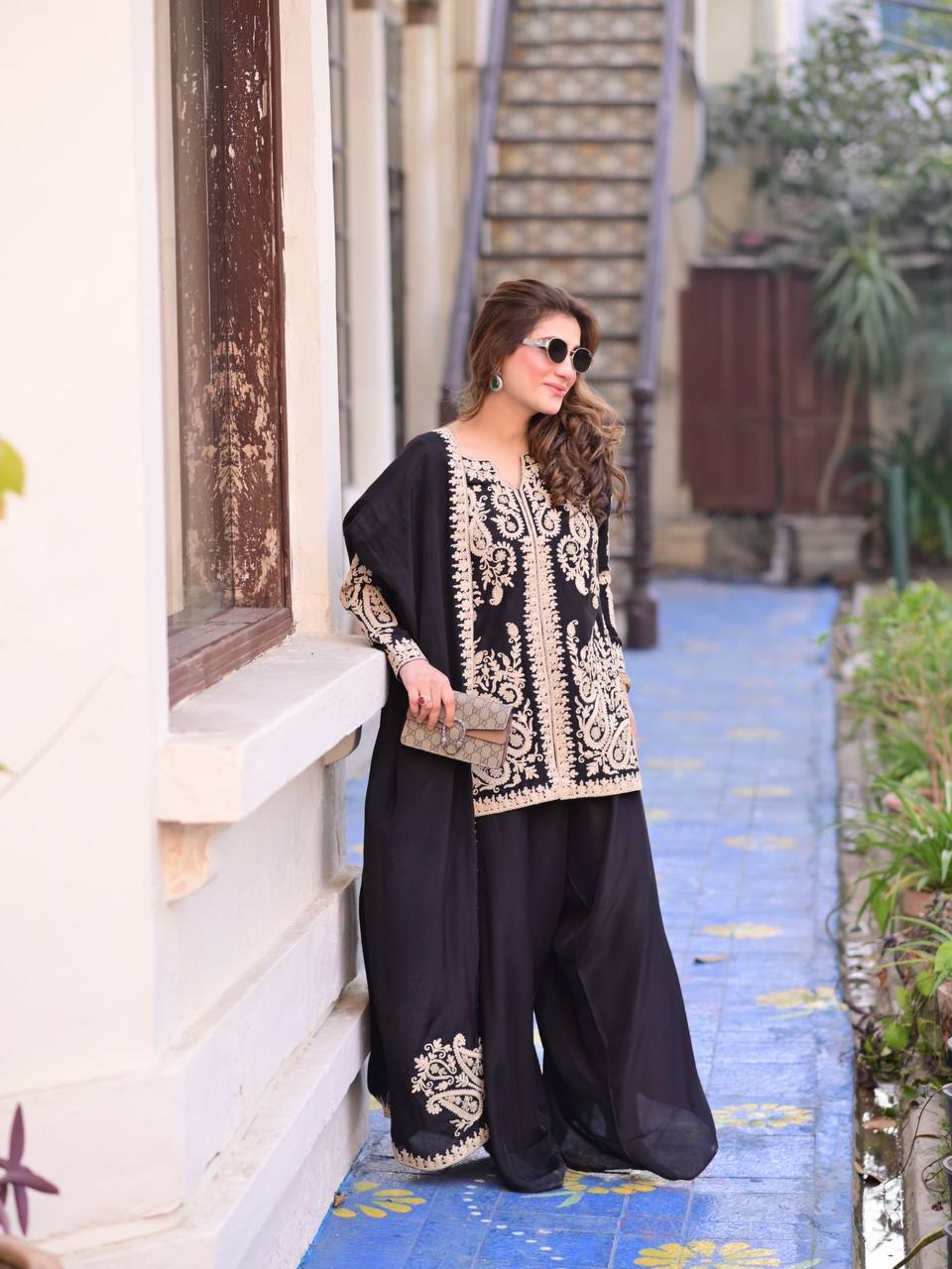 Trending Faux Georgette Plazzo Set for Women with Premium Cross Stitch Embroidery, Fully Stitched Kurta, Matching Dupatta & Elastic Waist Plazzo