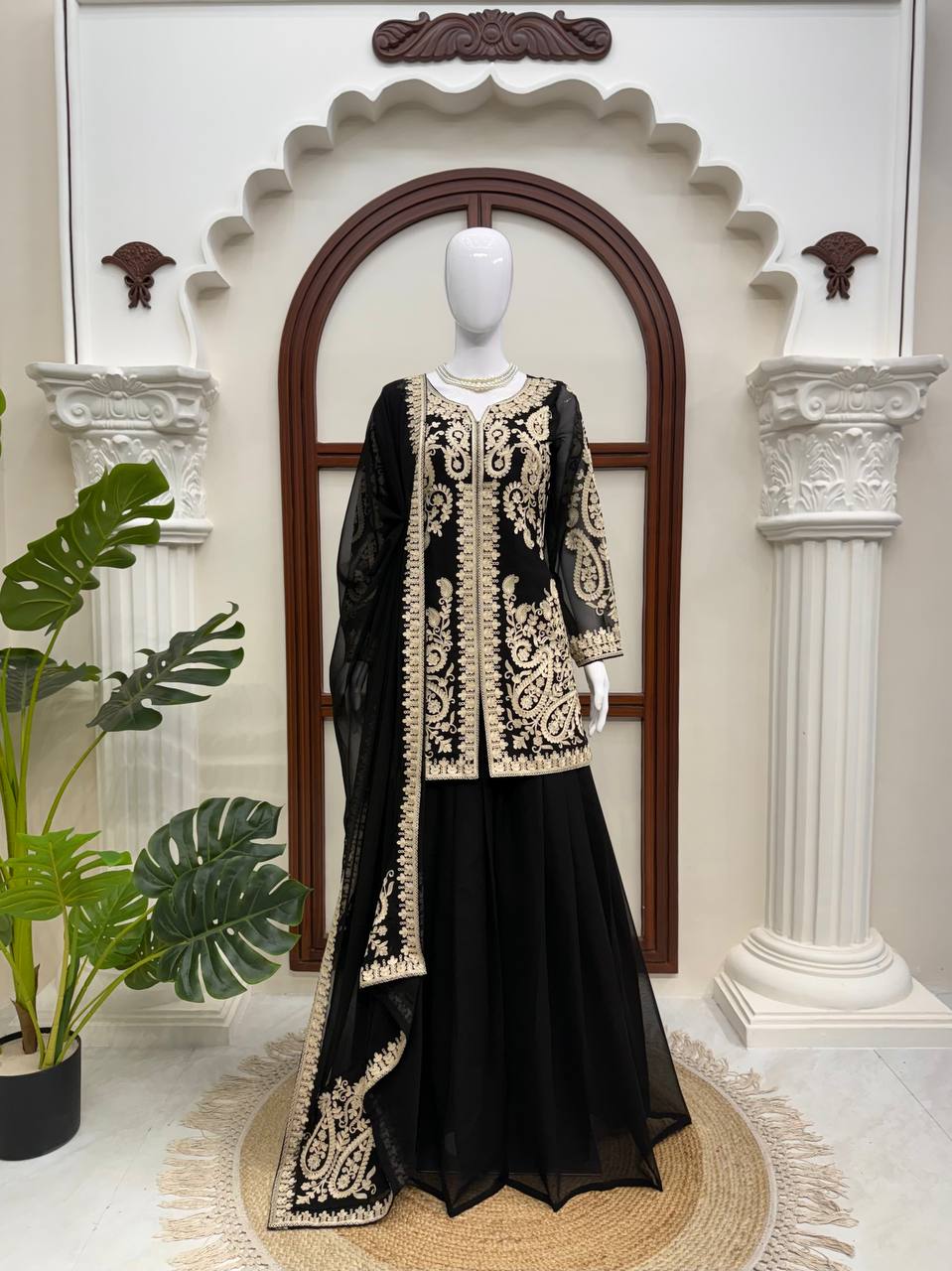 Trending Faux Georgette Plazzo Set for Women with Premium Cross Stitch Embroidery, Fully Stitched Kurta, Matching Dupatta & Elastic Waist Plazzo