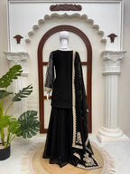 Trending Faux Georgette Plazzo Set for Women with Premium Cross Stitch Embroidery, Fully Stitched Kurta, Matching Dupatta & Elastic Waist Plazzo
