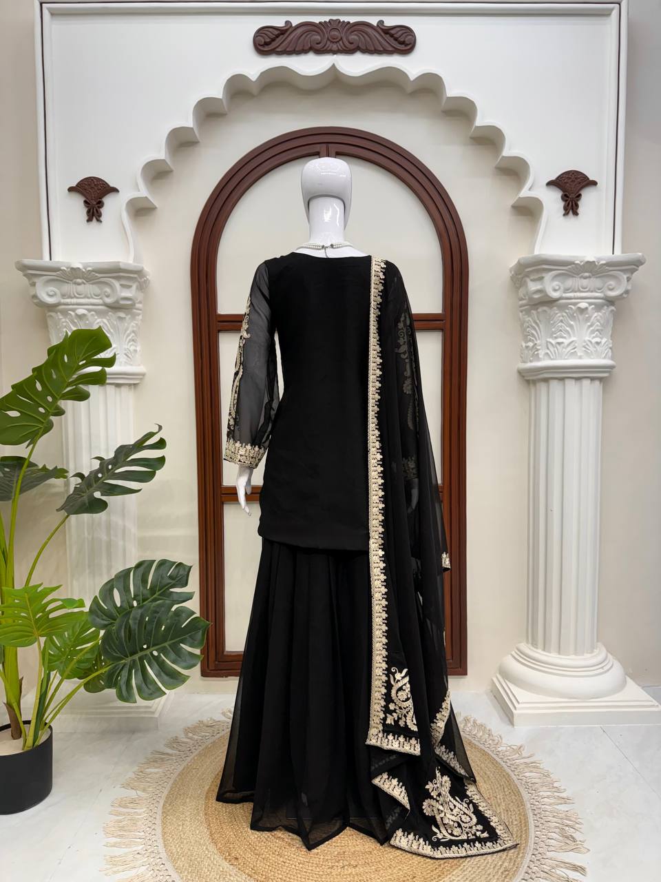 Trending Faux Georgette Plazzo Set for Women with Premium Cross Stitch Embroidery, Fully Stitched Kurta, Matching Dupatta & Elastic Waist Plazzo
