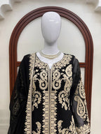 Trending Faux Georgette Plazzo Set for Women with Premium Cross Stitch Embroidery, Fully Stitched Kurta, Matching Dupatta & Elastic Waist Plazzo