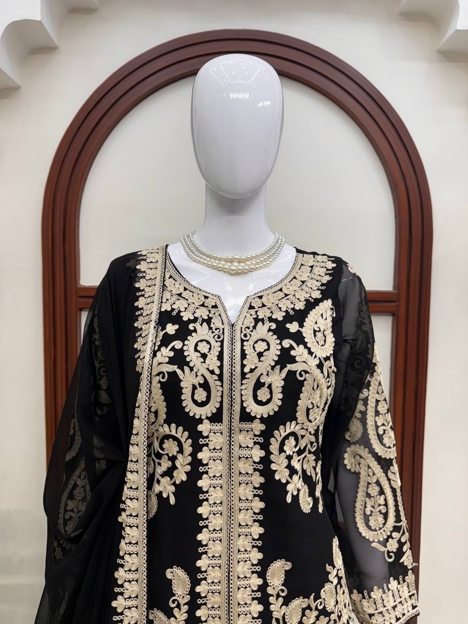 Trending Faux Georgette Plazzo Set for Women with Premium Cross Stitch Embroidery, Fully Stitched Kurta, Matching Dupatta & Elastic Waist Plazzo
