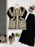 Trending Faux Georgette Plazzo Set for Women with Premium Cross Stitch Embroidery, Fully Stitched Kurta, Matching Dupatta & Elastic Waist Plazzo