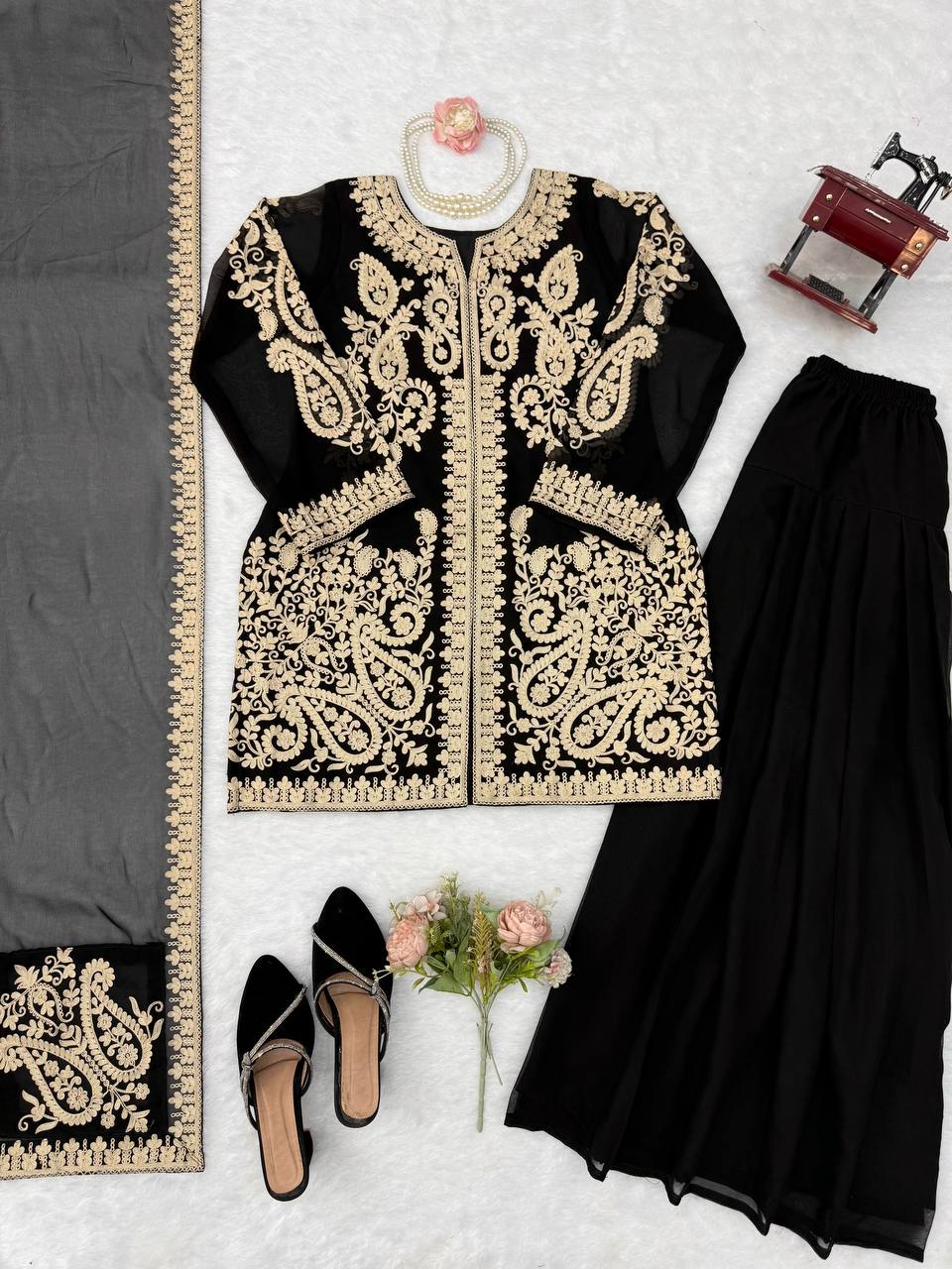 Trending Faux Georgette Plazzo Set for Women with Premium Cross Stitch Embroidery, Fully Stitched Kurta, Matching Dupatta & Elastic Waist Plazzo