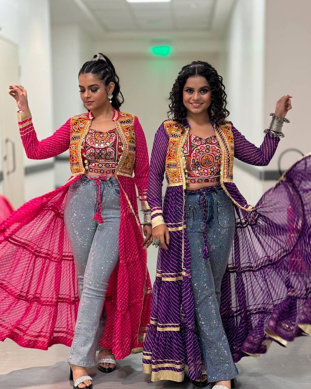 Navyra Bandhani Print Faux Georgette Navratri Shrug with Embroidered Blouse Set