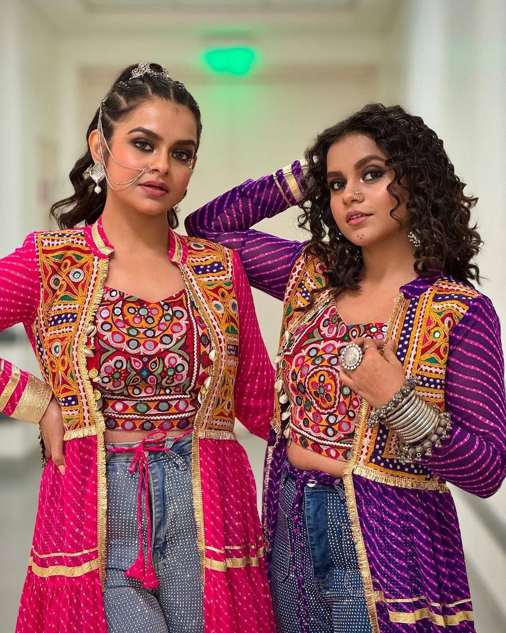 Navyra Bandhani Print Faux Georgette Navratri Shrug with Embroidered Blouse Set