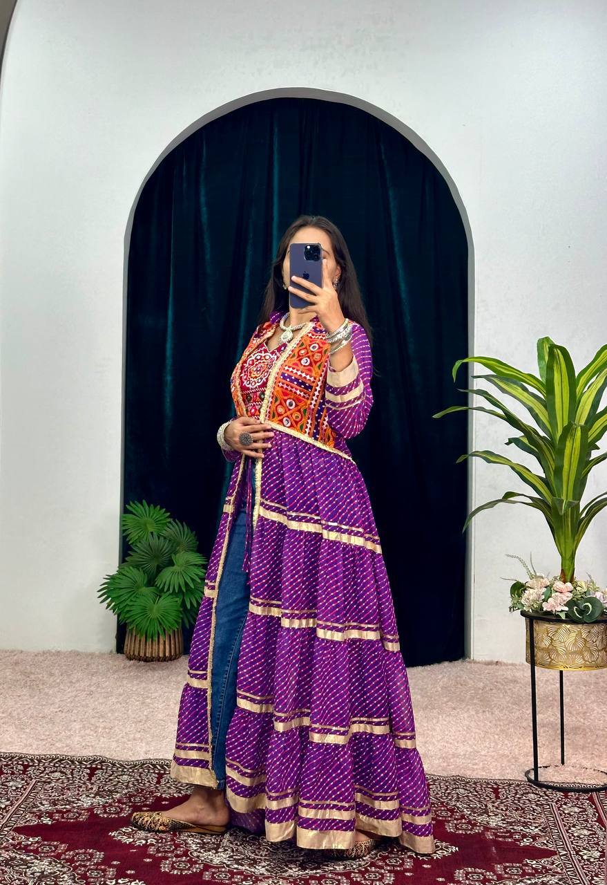Navyra Bandhani Print Faux Georgette Navratri Shrug with Embroidered Blouse Set