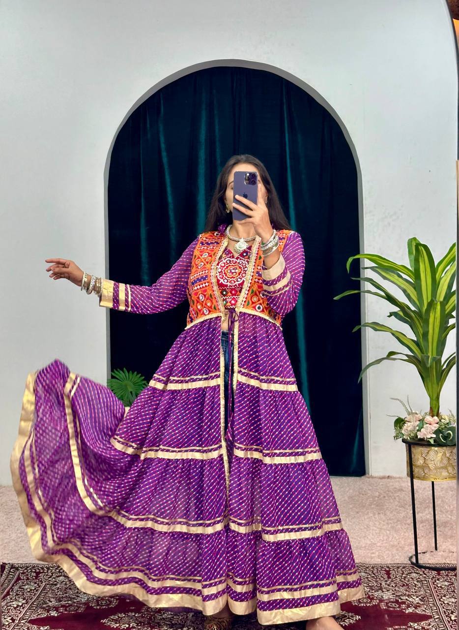 Navyra Bandhani Print Faux Georgette Navratri Shrug with Embroidered Blouse Set