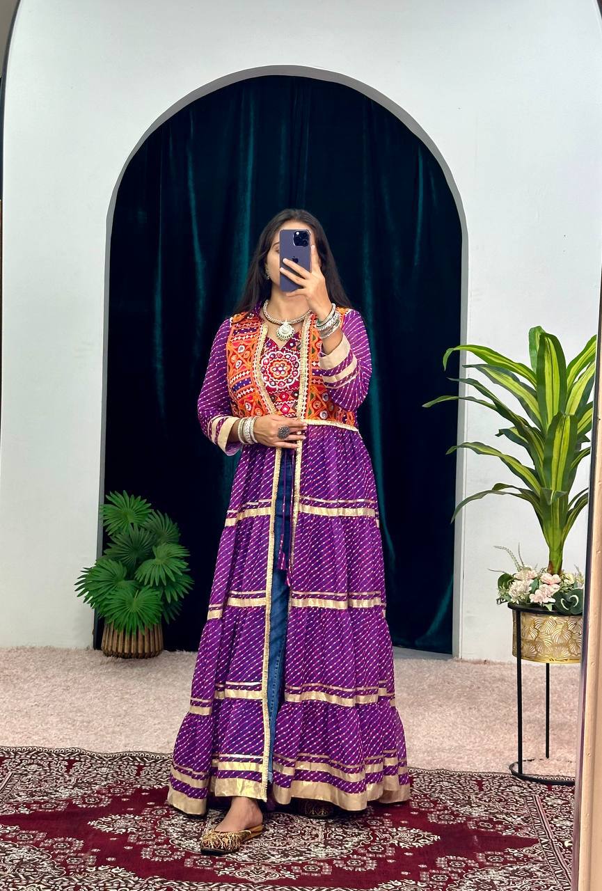 Navyra Bandhani Print Faux Georgette Navratri Shrug with Embroidered Blouse Set