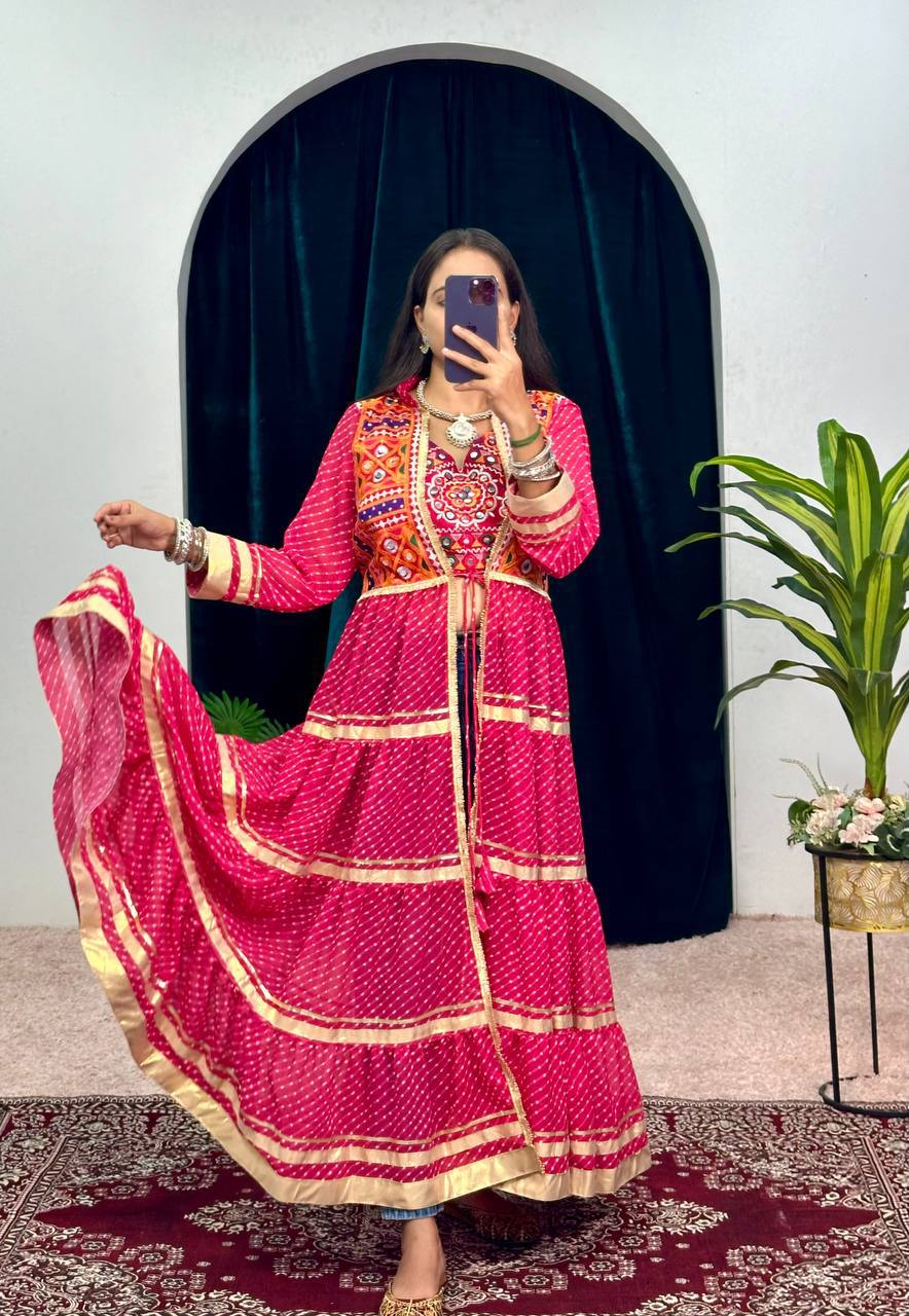 Navyra Bandhani Print Faux Georgette Navratri Shrug with Embroidered Blouse Set