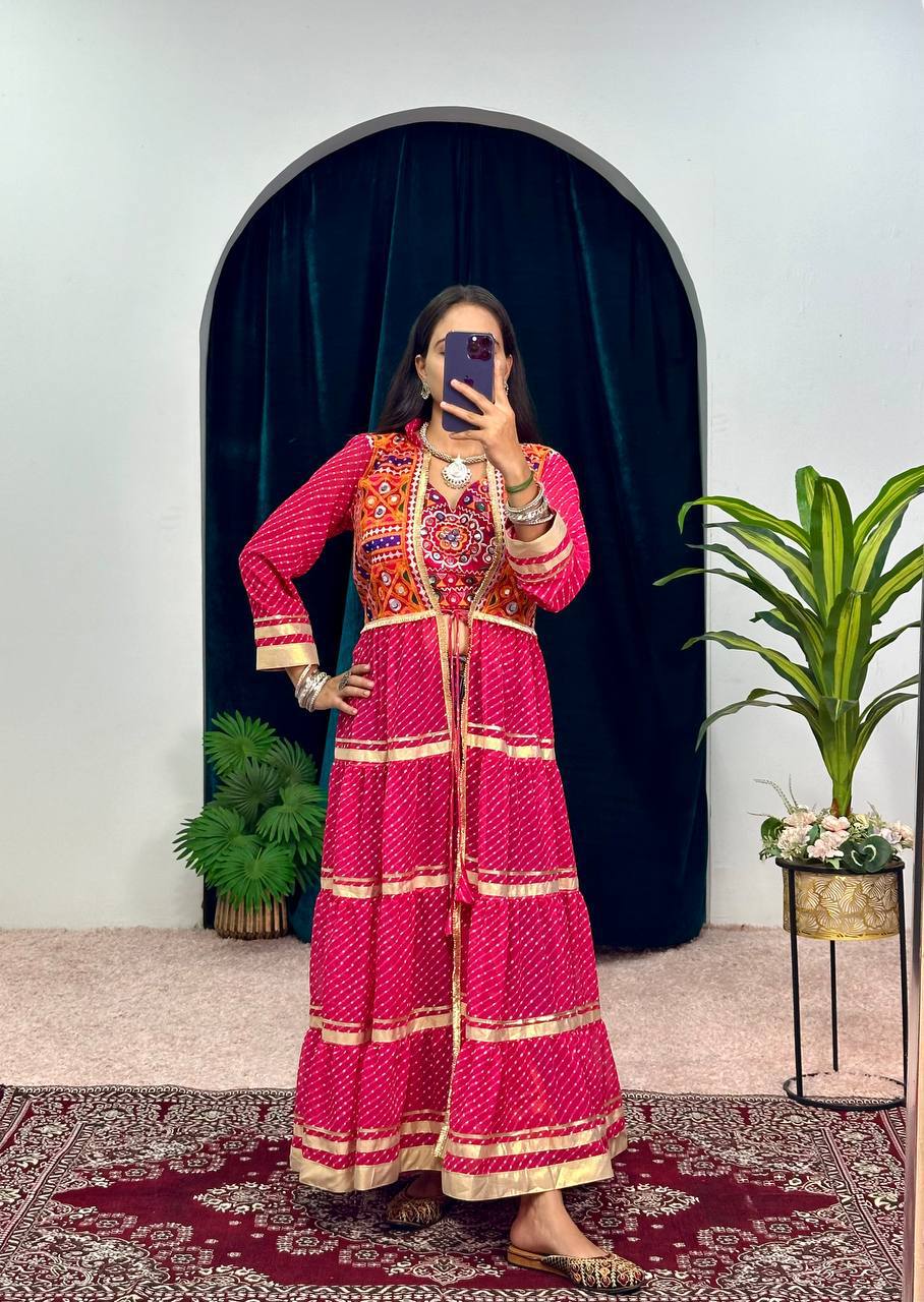 Navyra Bandhani Print Faux Georgette Navratri Shrug with Embroidered Blouse Set