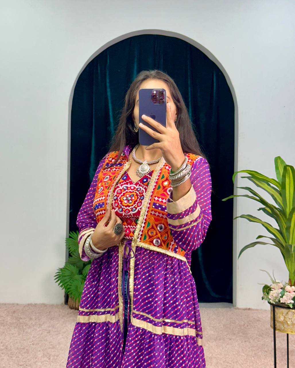 Navyra Bandhani Print Faux Georgette Navratri Shrug with Embroidered Blouse Set