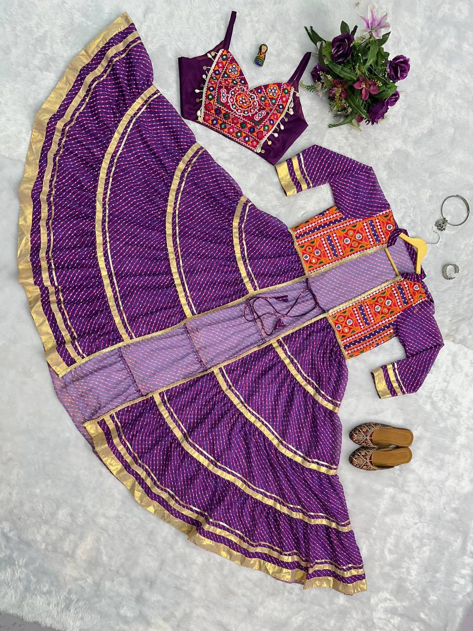 Navyra Bandhani Print Faux Georgette Navratri Shrug with Embroidered Blouse Set