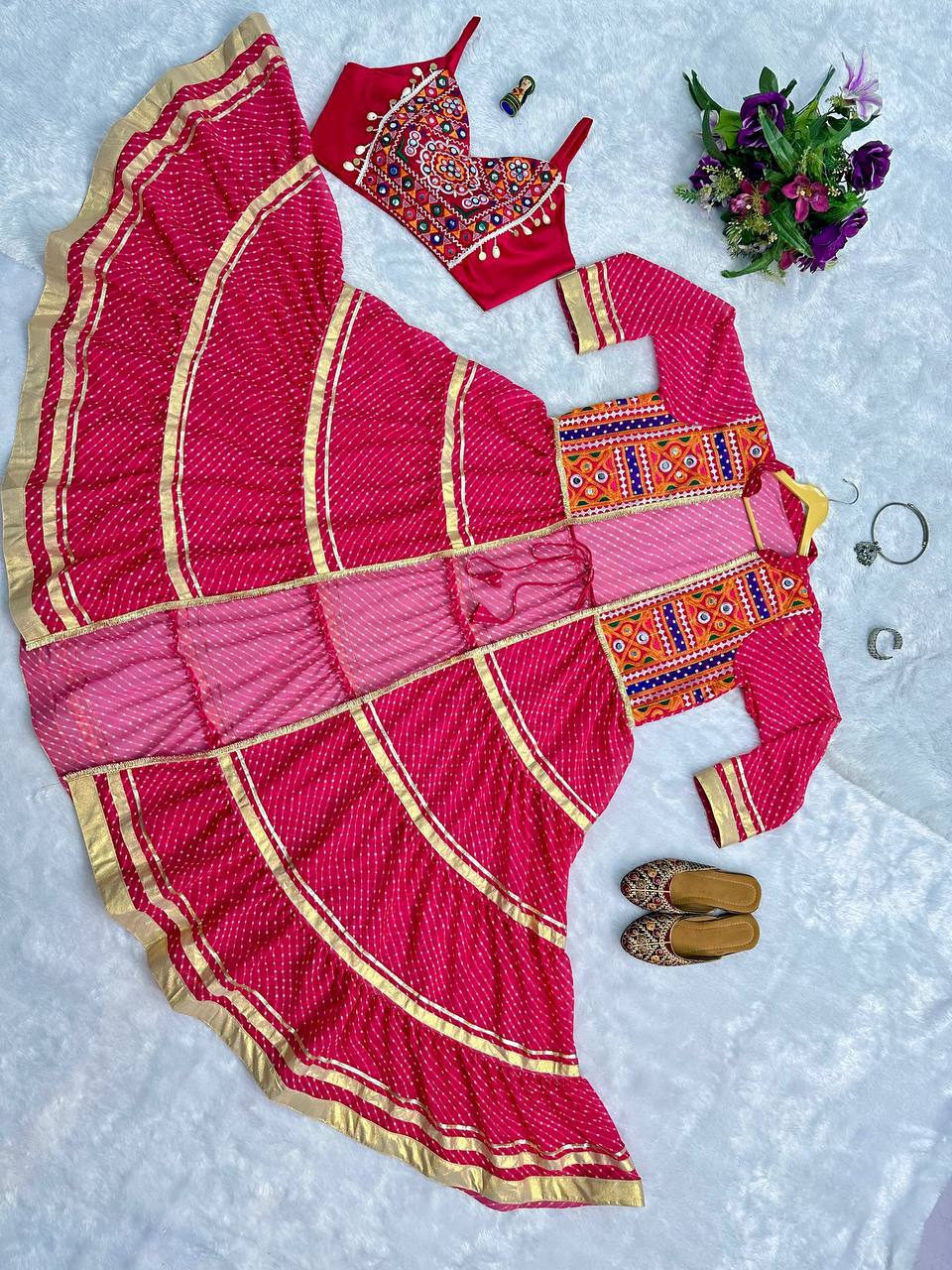 Navyra Bandhani Print Faux Georgette Navratri Shrug with Embroidered Blouse Set