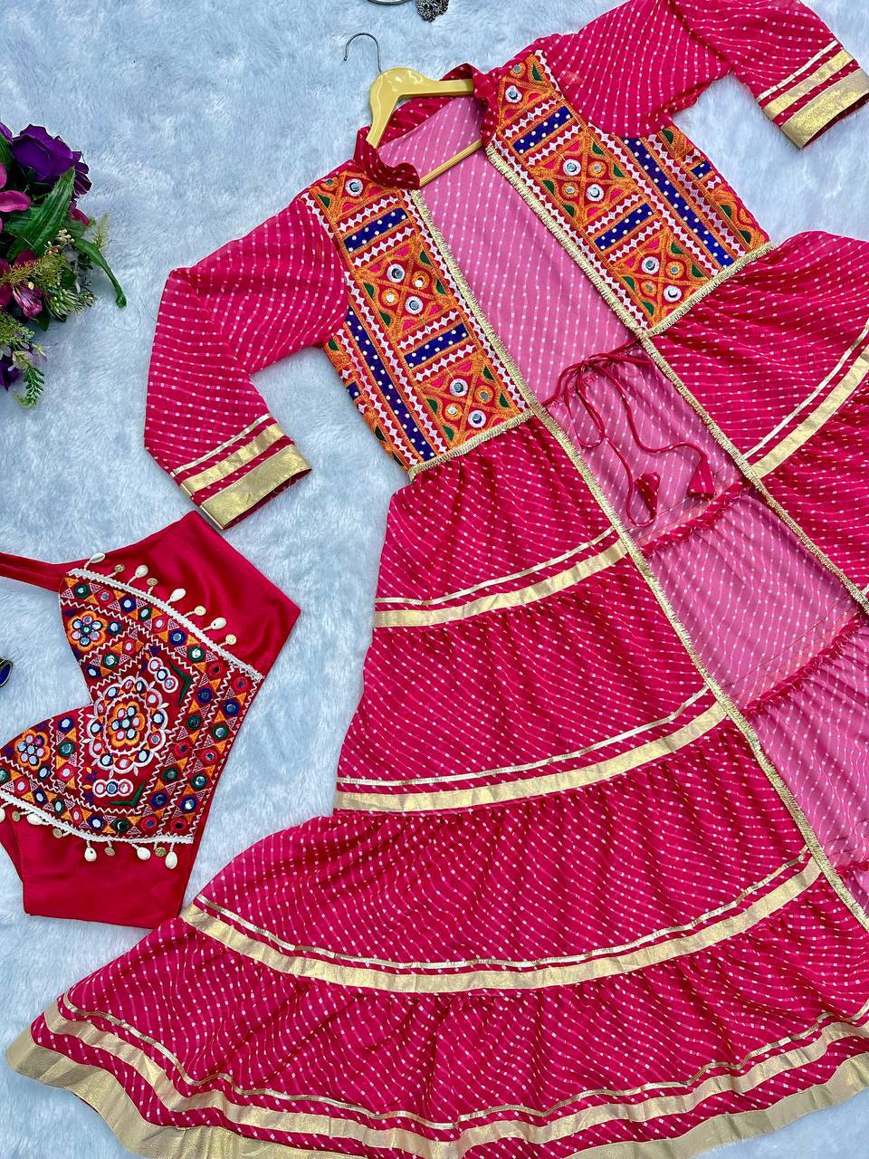 Navyra Bandhani Print Faux Georgette Navratri Shrug with Embroidered Blouse Set