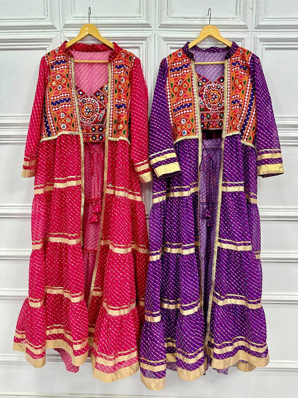 Navyra Bandhani Print Faux Georgette Navratri Shrug with Embroidered Blouse Set