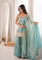 Zivara Doremon Crush Mirror & Sequins Embroidered Palazzo Suit with Dupatta