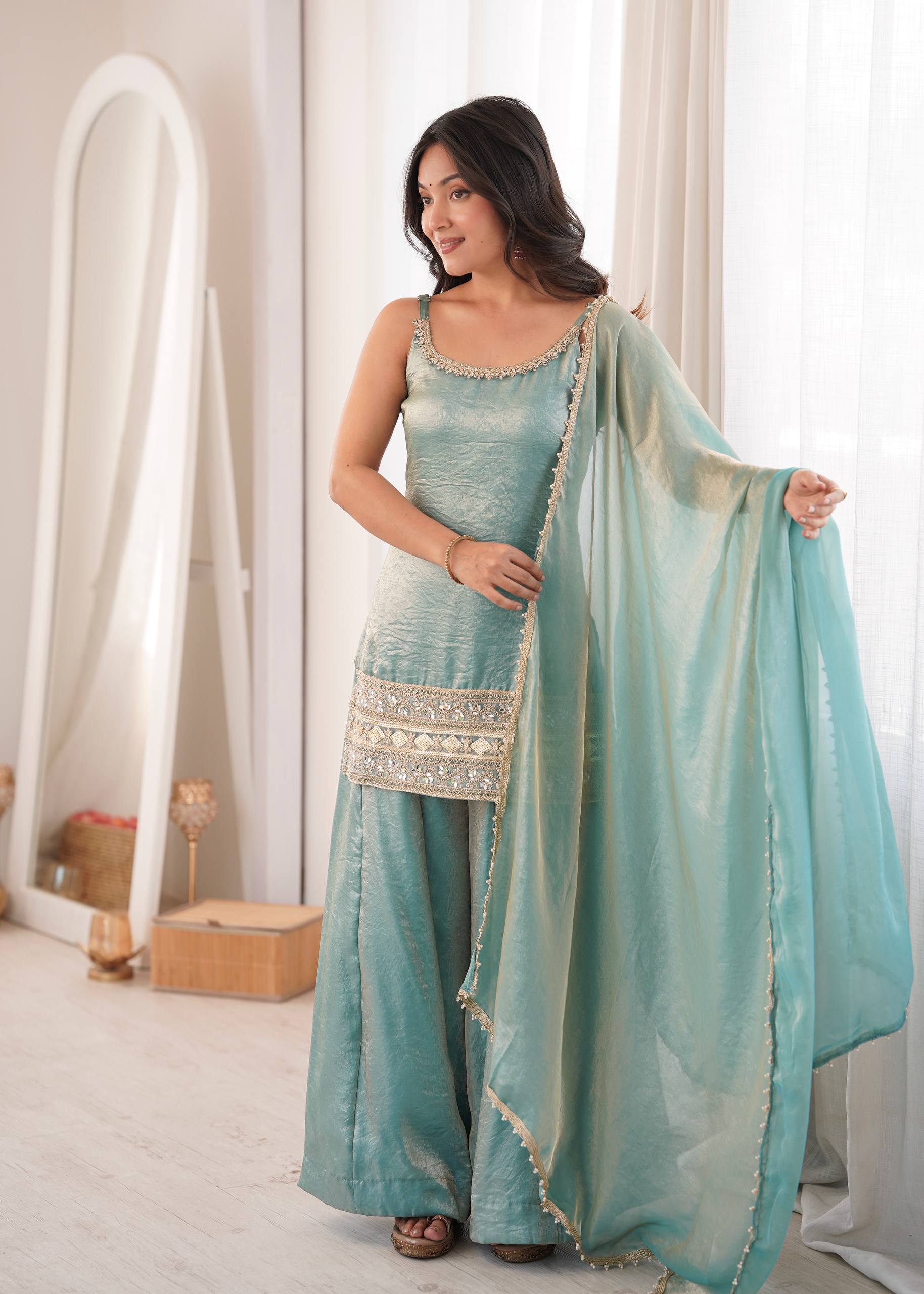 Zivara Doremon Crush Mirror & Sequins Embroidered Palazzo Suit with Dupatta