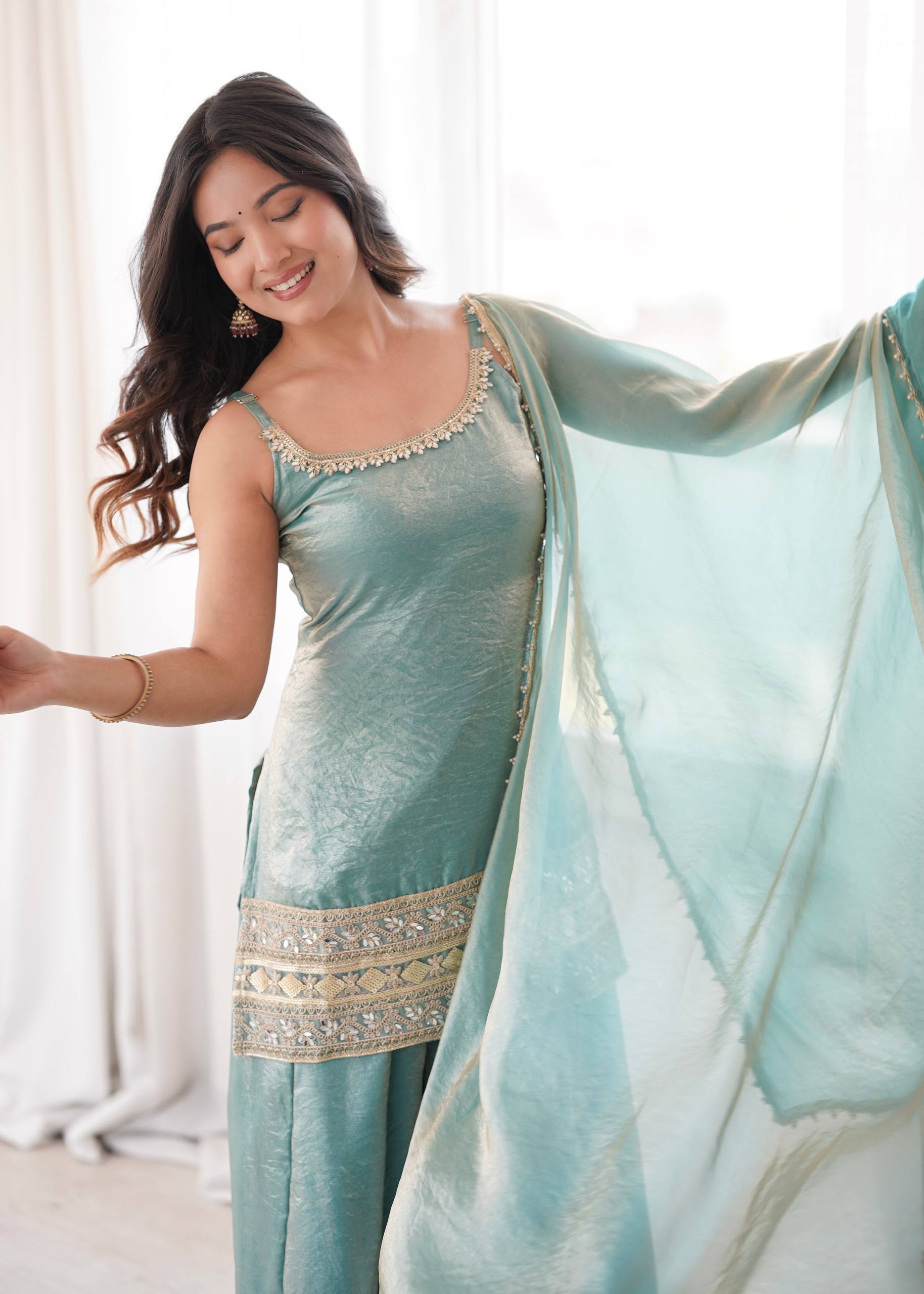 Zivara Doremon Crush Mirror & Sequins Embroidered Palazzo Suit with Dupatta