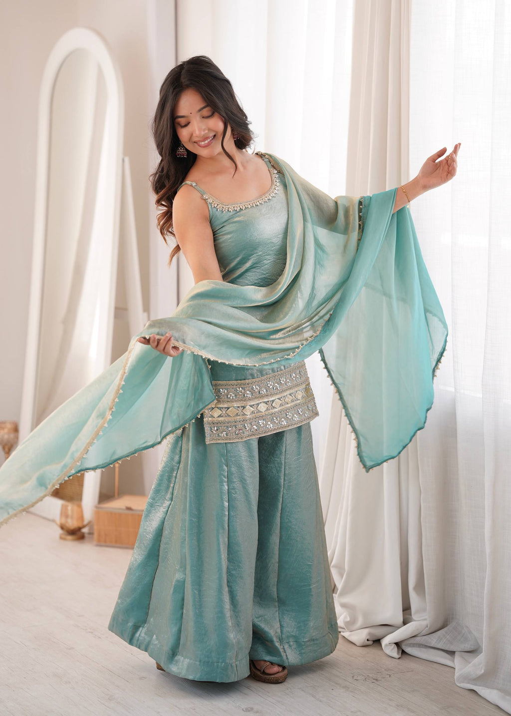 Zivara Doremon Crush Mirror & Sequins Embroidered Palazzo Suit with Dupatta