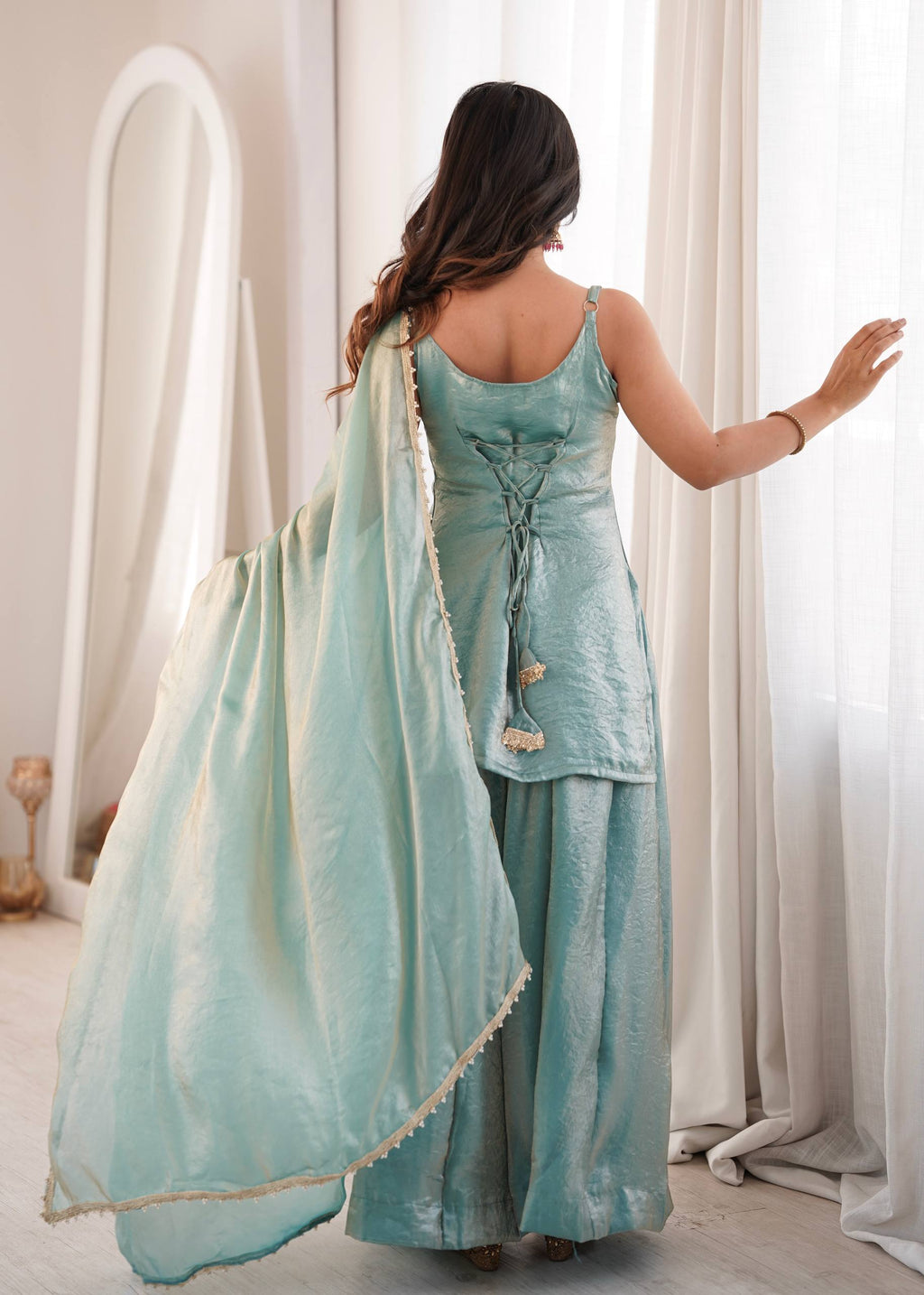 Zivara Doremon Crush Mirror & Sequins Embroidered Palazzo Suit with Dupatta
