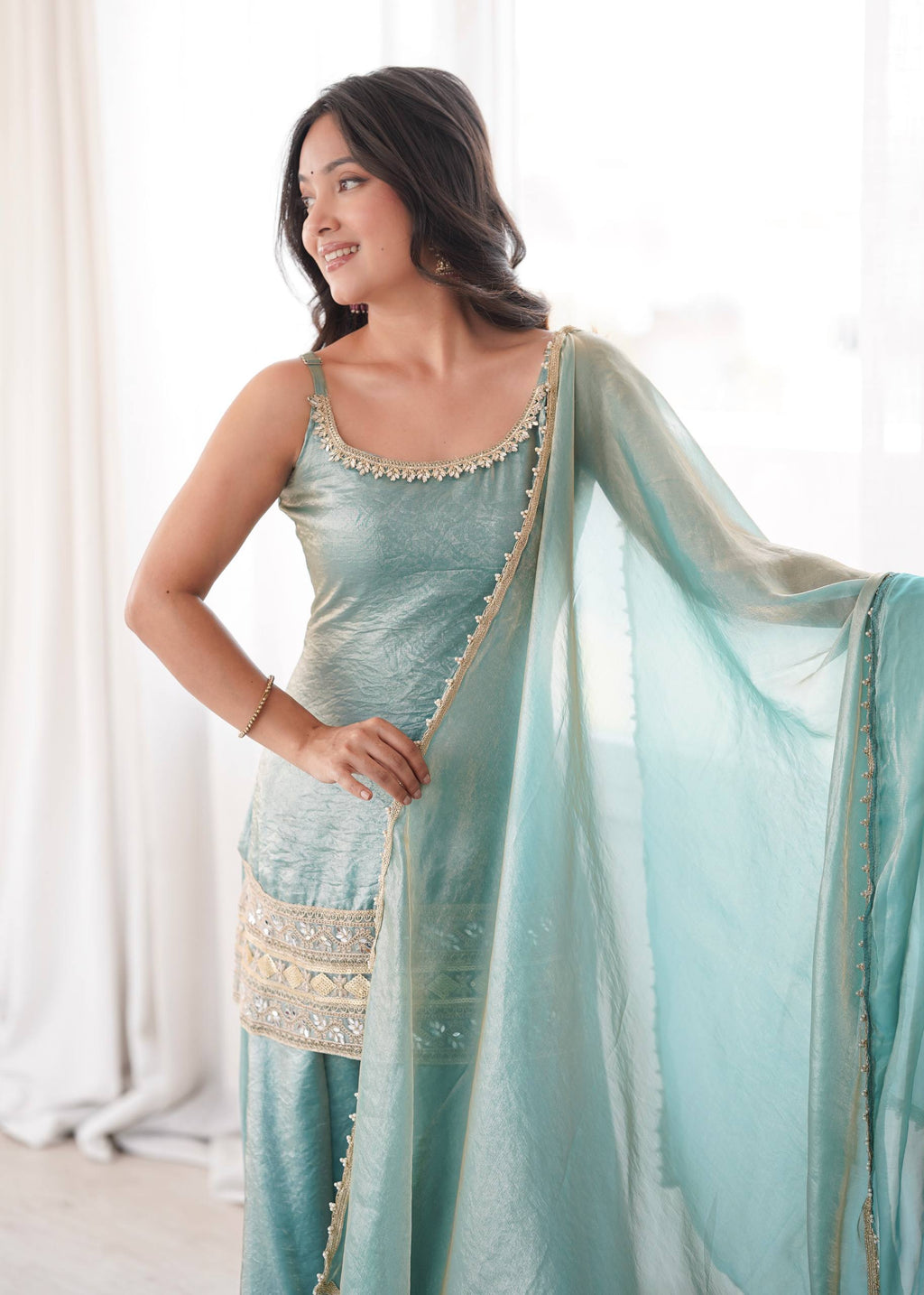 Zivara Doremon Crush Mirror & Sequins Embroidered Palazzo Suit with Dupatta