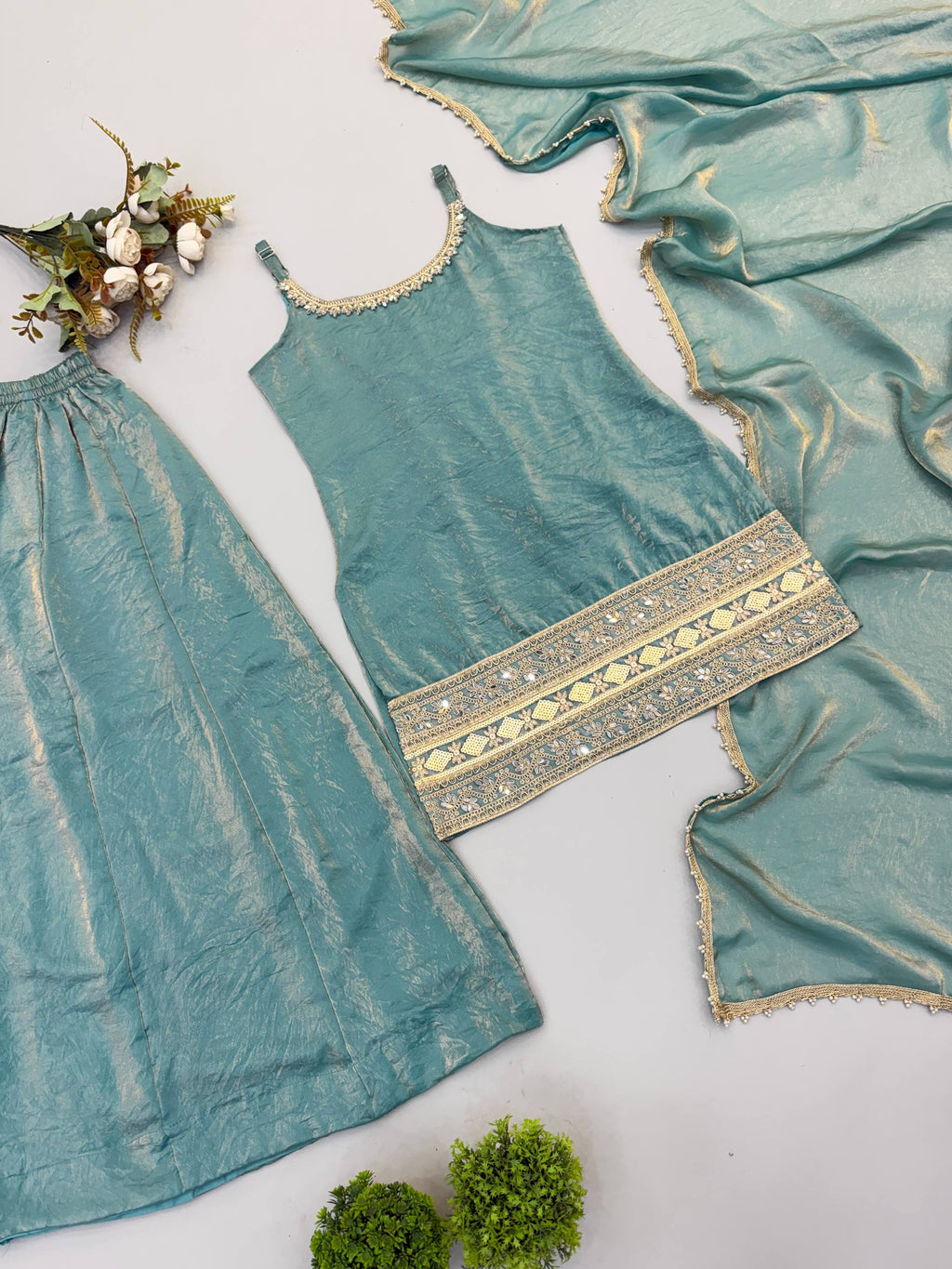 Zivara Doremon Crush Mirror & Sequins Embroidered Palazzo Suit with Dupatta