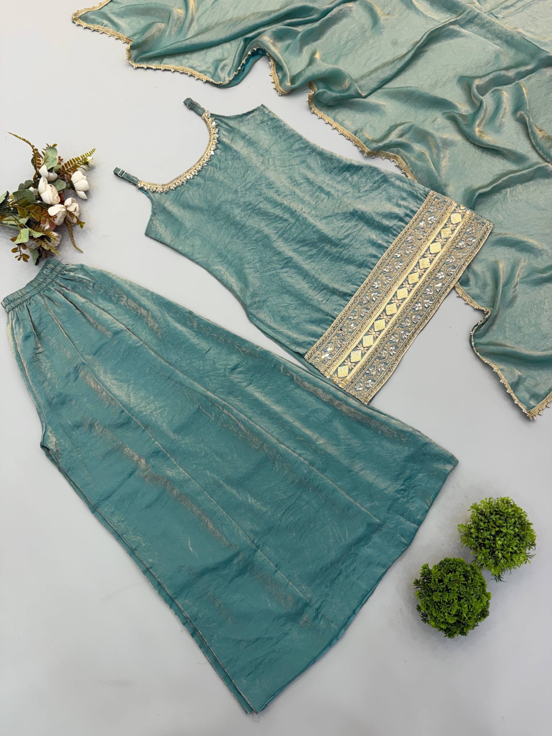 Zivara Doremon Crush Mirror & Sequins Embroidered Palazzo Suit with Dupatta