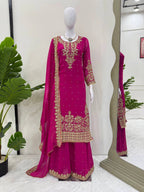 Zariya Faux Georgette Coding Sequin Top Palazzo Set with Rivet Moti Work & Lace Border Dupatta