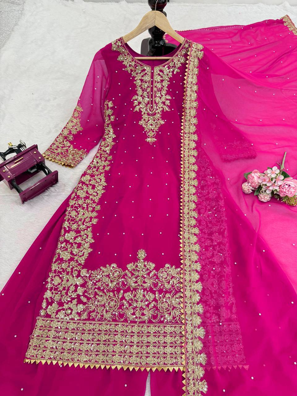 Zariya Faux Georgette Coding Sequin Top Palazzo Set with Rivet Moti Work & Lace Border Dupatta