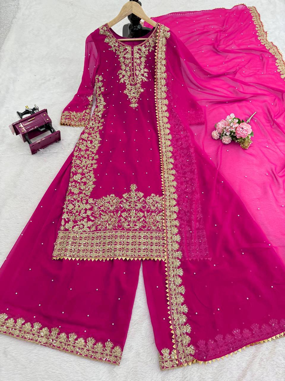 Zariya Faux Georgette Coding Sequin Top Palazzo Set with Rivet Moti Work & Lace Border Dupatta