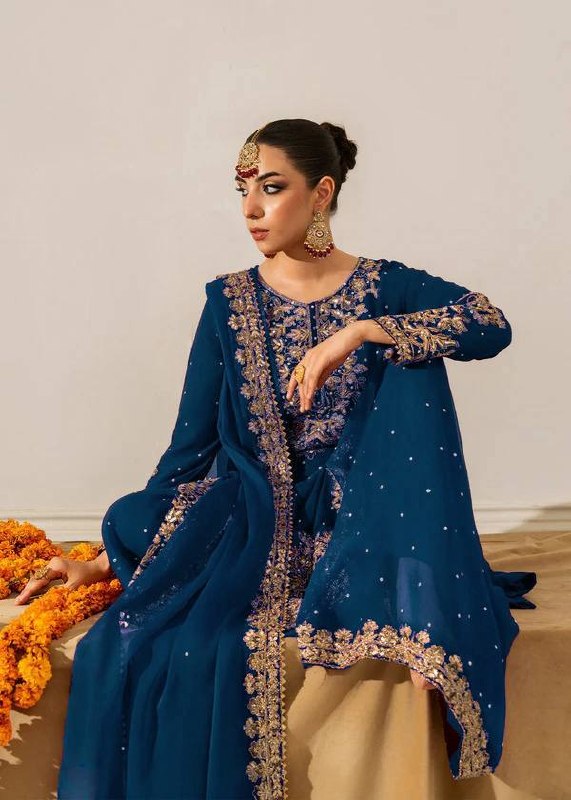 Zariya Faux Georgette Coding Sequin Top Palazzo Set with Rivet Moti Work & Lace Border Dupatta