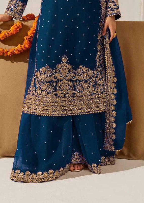 Zariya Faux Georgette Coding Sequin Top Palazzo Set with Rivet Moti Work & Lace Border Dupatta