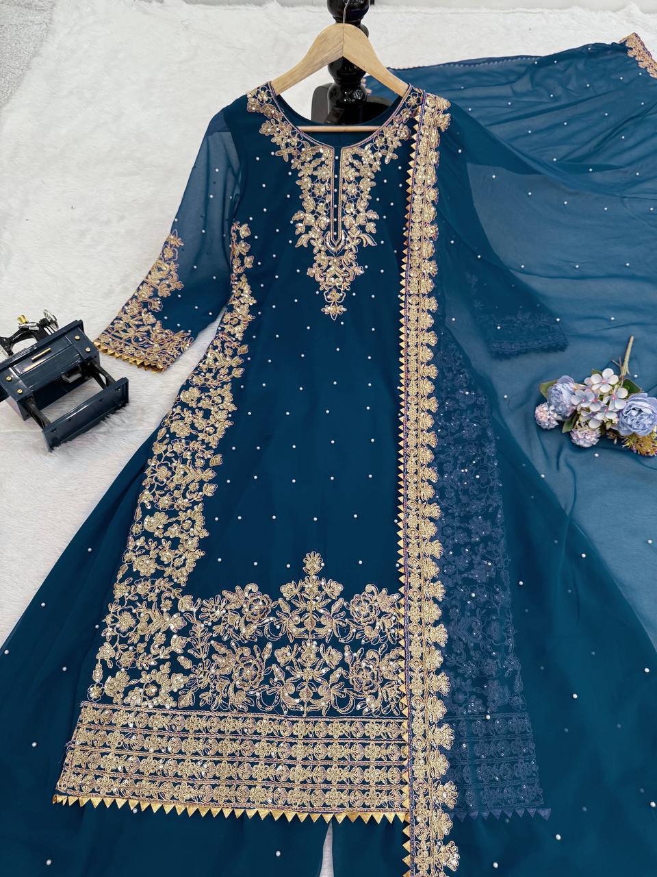 Zariya Faux Georgette Coding Sequin Top Palazzo Set with Rivet Moti Work & Lace Border Dupatta