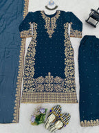 Zariya Faux Georgette Coding Sequin Top Palazzo Set with Rivet Moti Work & Lace Border Dupatta